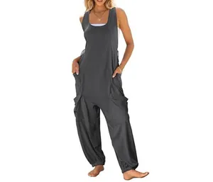 Casual dark grey sleeveless harem jumpsuit with oversized side pockets and elastic hem