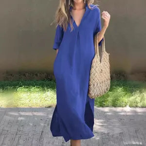 Elegant summer blue V-neck pleated maxi dress with side slits and three-quarter sleeves