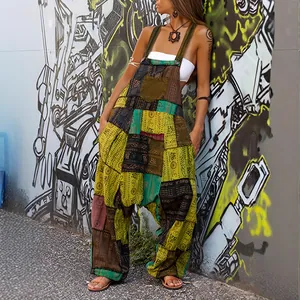 Mono harén hippie bohemio con estampado étnico y bolsillos para mujer estilo patchwork