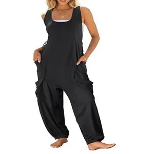 Detailed view of women's black loose harem jumpsuit with double layered side pockets