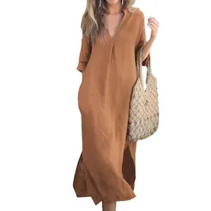 Elegant brown summer maxi dress with V-neck, 3/4 sleeves and side slits, casual loose fit.