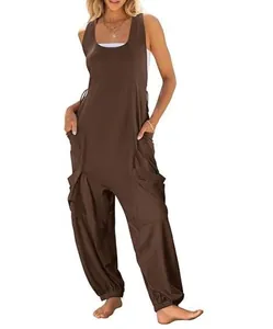 Loose brown sleeveless harem jumpsuit featuring large functional double side pockets