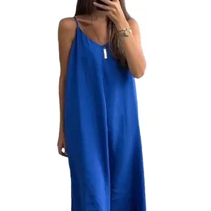Vibrant royal blue loose fit sleeveless cami maxi dress with minimalist V-neck for summer