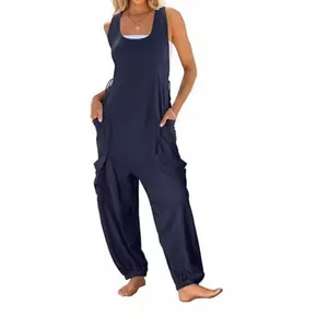 Women's loose sleeveless harem jumpsuit with double side pockets in navy blue