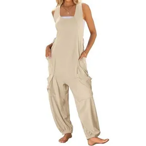 Casual loose sleeveless harem jumpsuit for women with large cargo pockets in beige
