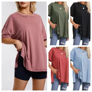 Women's Loose Cotton Blend T-Shirt Round Neck Side Slit Short Sleeve Solid Color Summer Casual Oversized Tee Top