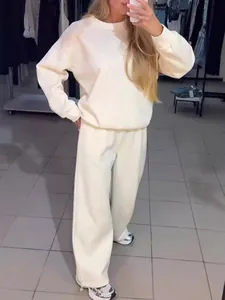 Haut Et Bas Casual Femme Sweat à Col Rond Manches Longues Et Pantalon à Cordon Automne Hiver Survêtement Couleur Unie à Strass
