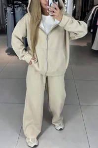 Relaxed fit beige rhinestone zip-up hoodie and wide-leg tracksuit set for women