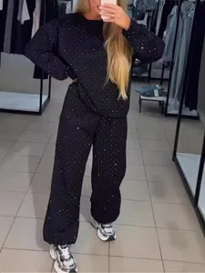 Survêtement noir pour femme avec strass brillants et pantalon à cordon de serrage
