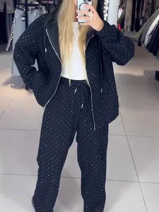 Women Casual Rhinestone Hooded Sweatshirt Wide Leg Pants Top And Bottom Set Sporty Lazy Style Autumn Winter Warm Clothing
