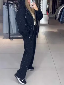 Elegant black rhinestone hoodie and wide-leg pants two-piece tracksuit set for women.