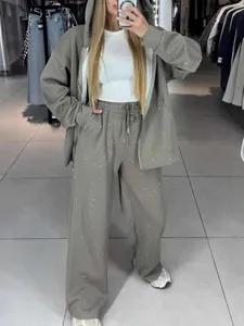 Women's 2-piece grey rhinestone tracksuit set with zip-up hoodie and wide-leg pants