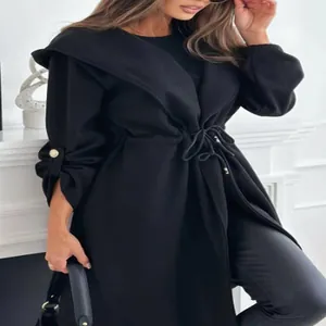 Elegant black hooded trench coat with adjustable drawstring waist and lapel for women.