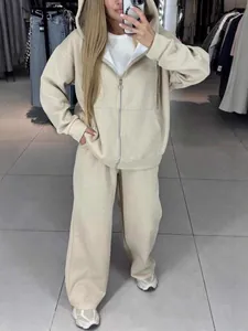 Women's casual 2-piece beige rhinestone tracksuit with zip-up hoodie and wide-leg pants