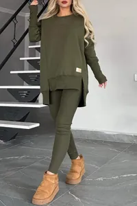 Detail view of olive green two-piece loungewear set with side split top and leggings