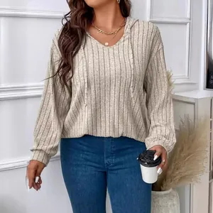 Cozy plus size V-neck hooded long sleeve top with elegant vertical ribbed texture in beige