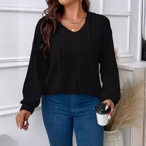 Casual plus size V-neck hooded long sleeve top in black ribbed textured fabric