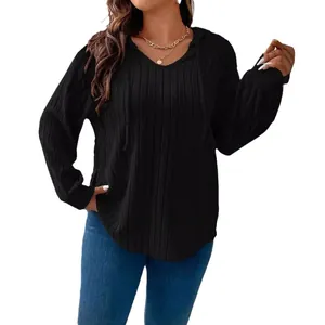 Women's plus size black V-neck hooded ribbed brushed long sleeve loose fitting top