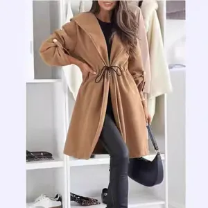 Elegant women's camel hooded trench coat featuring a drawstring waist and long sleeves design