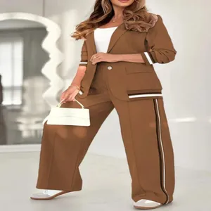 Elegant brown two-piece commute suit featuring ribbed stripe details for fashion-forward women