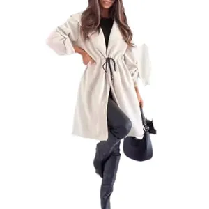 Elegant off-white hooded trench coat for women featuring a stylish drawstring waist design