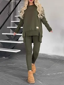 Women's olive green two-piece casual loungewear set with side slit top and leggings