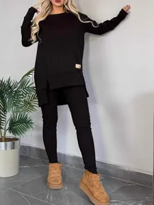 Women's casual solid color long sleeve slit top and ribbed legging two-piece set