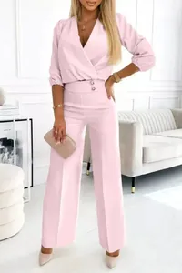 Elegant two-piece pink suit featuring a V-neck top and wide-leg trousers for women.