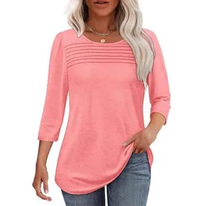 Damen T-Shirt in Pfirsichrosa mit Rundhals, Langarm und horizontalem Streifendetail