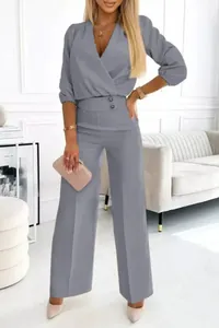 Elegant grey solid color V-neck 2-piece set with stylish wide-leg trousers for women
