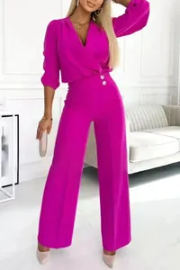 Elegant fuchsia two-piece set with V-neck top and high-waisted wide-leg trousers for women