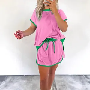 Conjunto de verano para mujer con camiseta y pantalones cortos rosa y verde, estilo casual
