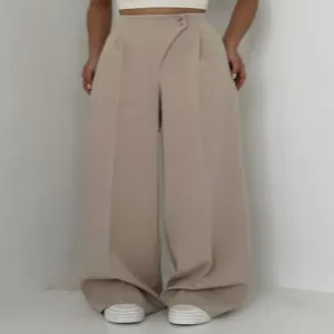 Elegante Damen High-Waist Khaki-Hose mit weitem Bein, Falten und Knopfverschluss