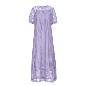 Lavender purple mesh hollow-out two-piece maxi dress with round neck and short sleeves