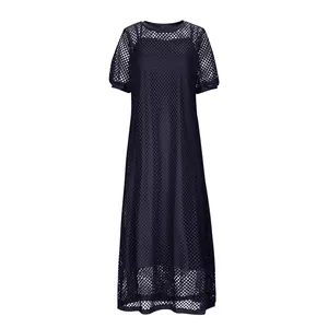 Elegant dark blue round neck hollow mesh two-piece maxi dress for women's fashion