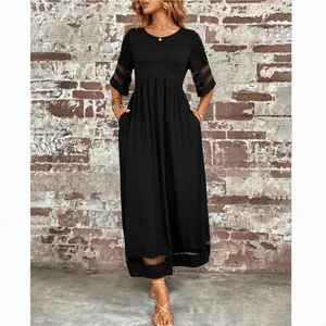 Vestido Largo de Talla Grande para Mujer Con Patchwork de Malla Elegante Cuello Redondo Media Manga Con Bolsillos Color Sólido Casual