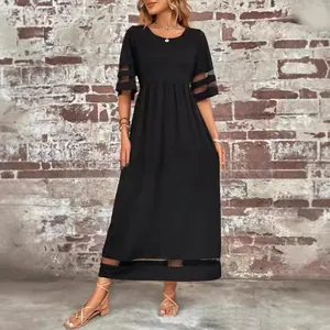 Vestido maxi negro elegante con cuello redondo y mangas de malla caladas mujer