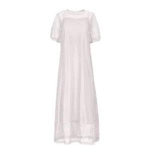 Elegant white round neck hollow out mesh two-piece maxi dress with short sleeves