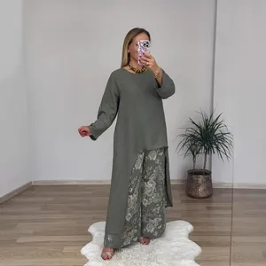 Damen Casual Leinen Polyester Top Und Bottom Unregelmäßiger Saum Langes Top Retro Floral Weite Hose Bequemes Mode Outfit