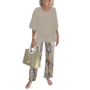 Casual 2-piece set with round neck half sleeve top and floral print pants for women