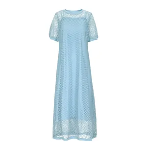 Close-up detail of light blue honeycomb mesh overlay on a two-piece summer maxi dress
