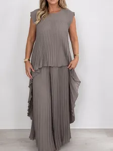 Outfit da Donna Elegante Plissettato Girocollo Maniche Raglan Top E Pantaloni Dritti a Gamba Larga Casual Estivo Tinta Unita