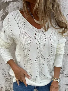Close-up detail of leaf openwork pointelle knit pattern on white V-neck sweater