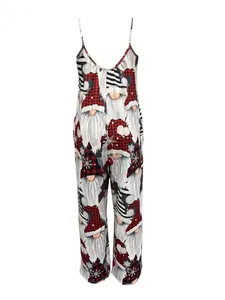 Detailansicht des Weihnachts-Gnom-Drucks auf diesem ärmellosen Damen-Jumpsuit für Feste