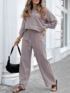 Ensemble Deux Pièces en Polyester Décontracté pour Femmes Haut à Col Rond et Manches Courtes et Pantalon Large