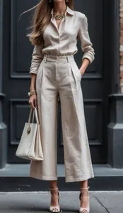 Scatto a figura intera che mostra il drappeggio e la vestibilità del completo in lino beige