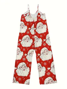 Detailansicht Damen Weihnachts-Jumpsuit mit festlichem Weihnachtsmann-Aufdruck