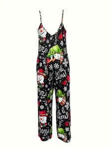 Detailansicht eines Damen-Weihnachts-Jumpsuits mit Schneemann- und Schneeflockenmustern