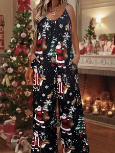 Festlicher Damen Jumpsuit mit Weihnachtsprint mit Weihnachtsmann- und Rentier-Motiven in Schwarz