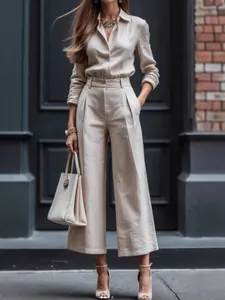 Set da Donna Elegante con Top Cardigan a Maniche Lunghe e Bottoni e Pantaloni a Gamba Larga Tinta Unita Ufficio Top And Bottom
